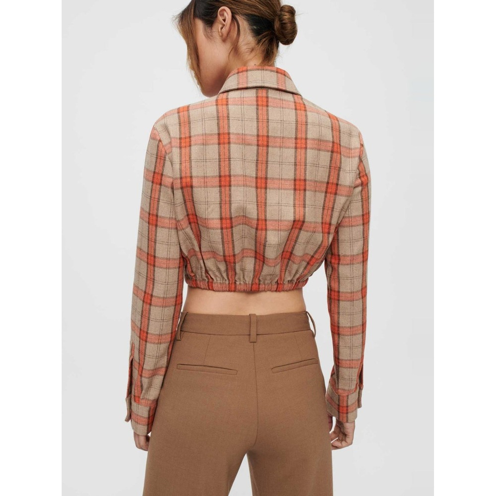 Maje Camel and Orange Plaid Crop Shirt MFPCM00357 Button Down Size 1 Small - Picture 3 of 11